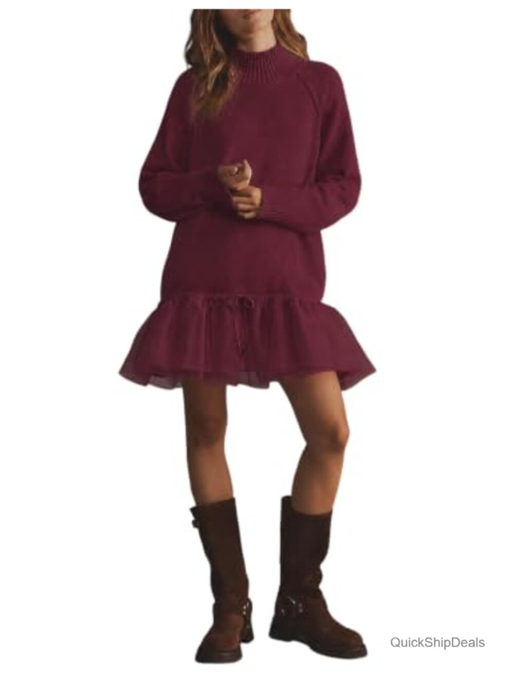 Mock Neck Ribbed Knit Sweater Dress Long Sleeve Tulle Ruffle Mini